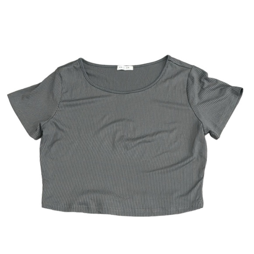Women’s Gray Ribbed Knit Cropped Crop Top Short Sleeve Stretch T-Shirt Large